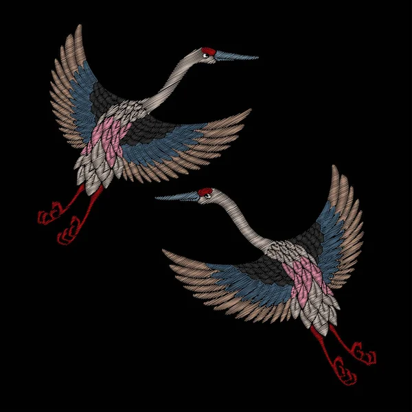 Ilustración vectorial sobre el tema de Japón, Ropa de Tokio, plantilla de diseño textil, boceto de tatuaje. Imagen de ave japonesa traditioanl. Grúas — Vector de stock