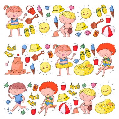 mutlu yaz tatil çocuklarla 3 afiş. Anaokulu Çocuk. Afiş, poster, doodle simgeler. Beach, seyahat Maceraları