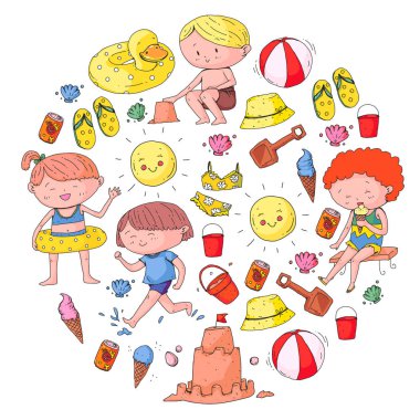 Çocuklar mutlu yaz tatil. Beach, seyahat Maceraları