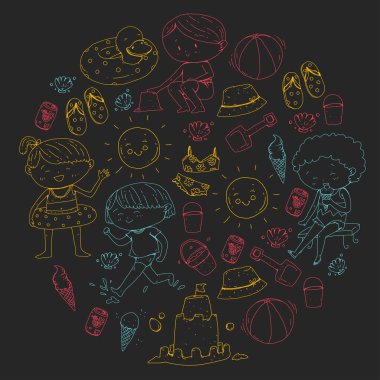 Çocuklar mutlu yaz tatil. Beach, seyahat Maceraları