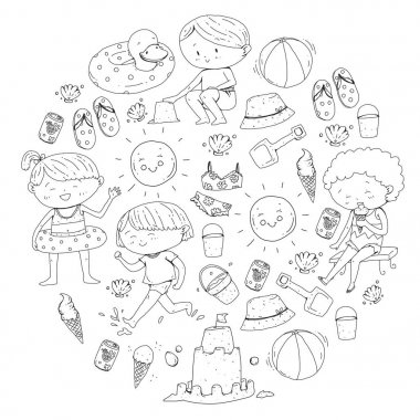 Çocuklar mutlu yaz tatil. Beach, seyahat Maceraları