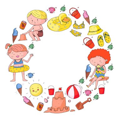 Çocuklar mutlu yaz tatil. Beach, seyahat Maceraları