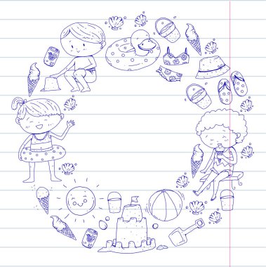 Çocuklar mutlu yaz tatil. Beach, seyahat Maceraları