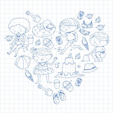 Çocuklar mutlu yaz tatil. Beach, seyahat Maceraları