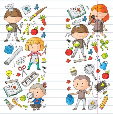 Çocuklar. Okulu ve anaokulu. Yaratıcılık ve eğitim. Müzik. Keşif. Bilim. Hayal gücü. Oyun ve eğitim. Yemek. Şarkı söyleme. Okuma. Farklı hobi ve dersler. Vektör çizim