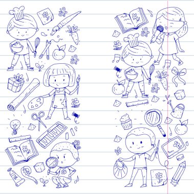 Çocuklar. Okulu ve anaokulu. Yaratıcılık ve eğitim. Müzik. Keşif. Bilim. Hayal gücü. Oyun ve eğitim. Yemek. Şarkı söyleme. Okuma. Farklı hobi ve dersler. Vektör çizim