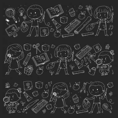 Çocuklar. Okulu ve anaokulu. Yaratıcılık ve eğitim. Müzik. Keşif. Bilim. Hayal gücü. Oyun ve eğitim. Yemek. Şarkı söyleme. Okuma. Farklı hobi ve dersler. Vektör çizim