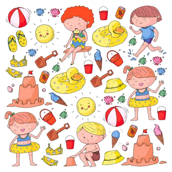 Enfants en vacances d'été heureuses. Plage, aventures de voyage — Image vectorielle