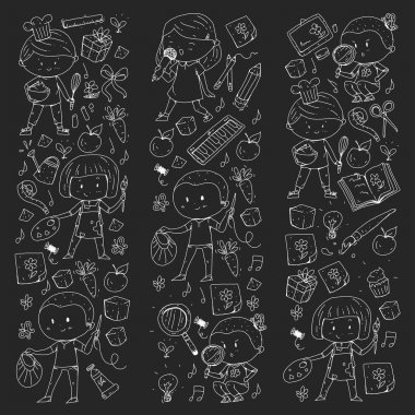 Çocuklar. Okulu ve anaokulu. Yaratıcılık ve eğitim. Müzik. Keşif. Bilim. Hayal gücü. Oyun ve eğitim. Yemek. Şarkı söyleme. Okuma. Farklı hobi ve dersler. Vektör çizim