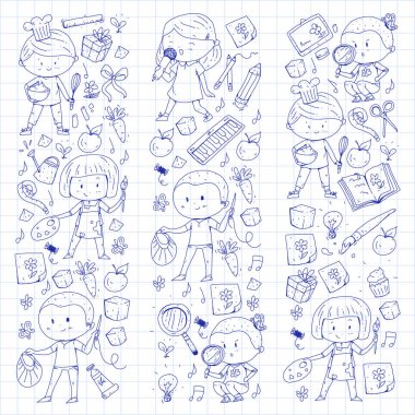 Çocuklar. Okulu ve anaokulu. Yaratıcılık ve eğitim. Müzik. Keşif. Bilim. Hayal gücü. Oyun ve eğitim. Yemek. Şarkı söyleme. Okuma. Farklı hobi ve dersler. Vektör çizim