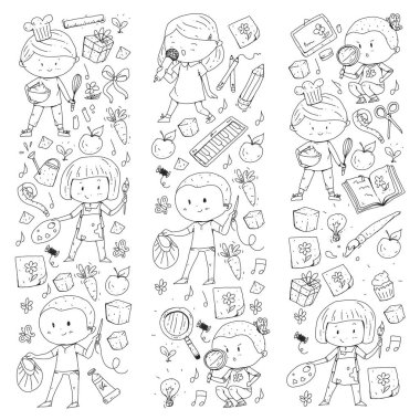 Çocuklar. Okulu ve anaokulu. Yaratıcılık ve eğitim. Müzik. Keşif. Bilim. Hayal gücü. Oyun ve eğitim. Yemek. Şarkı söyleme. Okuma. Farklı hobi ve dersler. Vektör çizim