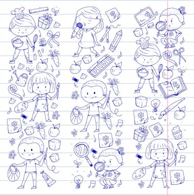 Çocuklar. Okulu ve anaokulu. Yaratıcılık ve eğitim. Müzik. Keşif. Bilim. Hayal gücü. Oyun ve eğitim. Yemek. Şarkı söyleme. Okuma. Farklı hobi ve dersler. Vektör çizim