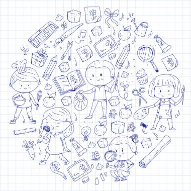 Çocuklar. Okulu ve anaokulu. Yaratıcılık ve eğitim. Müzik. Keşif. Bilim. Hayal gücü. Oyun ve eğitim. Yemek. Şarkı söyleme. Okuma. Farklı hobi ve dersler. Vektör çizim