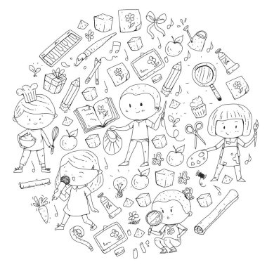 Çocuklar. Okulu ve anaokulu. Yaratıcılık ve eğitim. Müzik. Keşif. Bilim. Hayal gücü. Oyun ve eğitim. Yemek. Şarkı söyleme. Okuma. Farklı hobi ve dersler. Vektör çizim