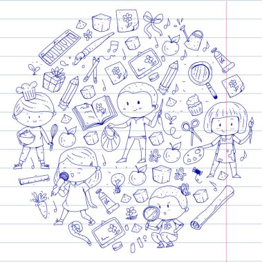 Çocuklar. Okulu ve anaokulu. Yaratıcılık ve eğitim. Müzik. Keşif. Bilim. Hayal gücü. Oyun ve eğitim. Yemek. Şarkı söyleme. Okuma. Farklı hobi ve dersler. Vektör çizim