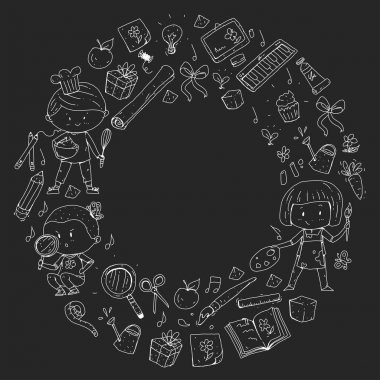 Çocuklar. Okulu ve anaokulu. Yaratıcılık ve eğitim. Müzik. Keşif. Bilim. Hayal gücü. Oyun ve eğitim. Yemek. Şarkı söyleme. Okuma. Farklı hobi ve dersler. Vektör çizim