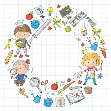Çocuklar. Okulu ve anaokulu. Yaratıcılık ve eğitim. Müzik. Keşif. Bilim. Hayal gücü. Oyun ve eğitim. Yemek. Şarkı söyleme. Okuma. Farklı hobi ve dersler. Vektör çizim