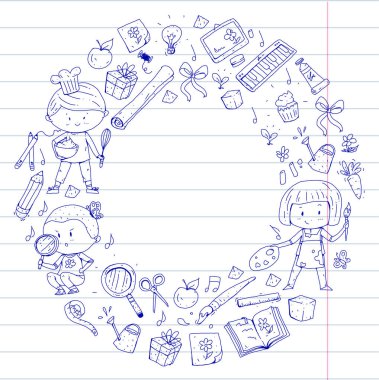 Çocuklar. Okulu ve anaokulu. Yaratıcılık ve eğitim. Müzik. Keşif. Bilim. Hayal gücü. Oyun ve eğitim. Yemek. Şarkı söyleme. Okuma. Farklı hobi ve dersler. Vektör çizim