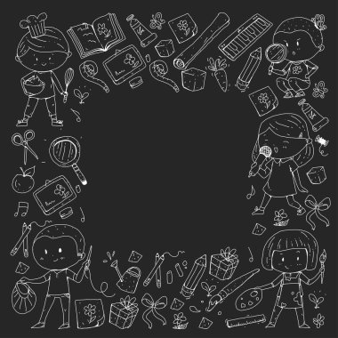 Çocuklar. Okulu ve anaokulu. Yaratıcılık ve eğitim. Müzik. Keşif. Bilim. Hayal gücü. Oyun ve eğitim. Yemek. Şarkı söyleme. Okuma. Farklı hobi ve dersler. Vektör çizim