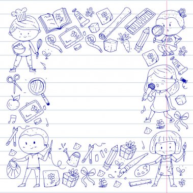 Çocuklar. Okulu ve anaokulu. Yaratıcılık ve eğitim. Müzik. Keşif. Bilim. Hayal gücü. Oyun ve eğitim. Yemek. Şarkı söyleme. Okuma. Farklı hobi ve dersler. Vektör çizim