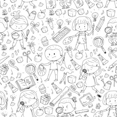 Çocuklar. Okulu ve anaokulu. Yaratıcılık ve eğitim. Müzik. Keşif. Bilim. Hayal gücü. Oyun ve eğitim. Yemek. Şarkı söyleme. Okuma. Farklı hobi ve dersler. Vektör çizim