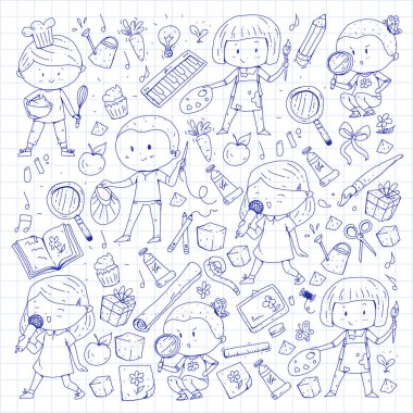 Çocuklar. Okulu ve anaokulu. Yaratıcılık ve eğitim. Müzik. Keşif. Bilim. Hayal gücü. Oyun ve eğitim. Yemek. Şarkı söyleme. Okuma. Farklı hobi ve dersler. Vektör çizim