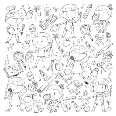 Çocuklar. Okulu ve anaokulu. Yaratıcılık ve eğitim. Müzik. Keşif. Bilim. Hayal gücü. Oyun ve eğitim. Yemek. Şarkı söyleme. Okuma. Farklı hobi ve dersler. Vektör çizim