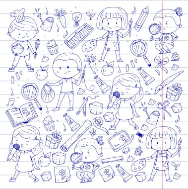 Çocuklar. Okulu ve anaokulu. Yaratıcılık ve eğitim. Müzik. Keşif. Bilim. Hayal gücü. Oyun ve eğitim. Yemek. Şarkı söyleme. Okuma. Farklı hobi ve dersler. Vektör çizim