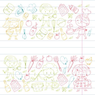 Chilren menüsü, çocuklar kafe, Restoran. Anaokulu ve okul öncesi, okul erkek ve kız. Sağlıklı yiyecek ve içecek. Ekmek, meyve, sebze. Yemek kursuna.