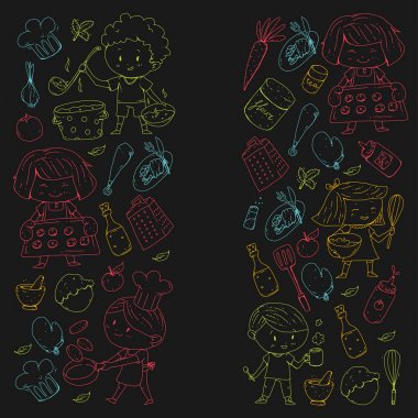 Chilren menüsü, çocuklar kafe, Restoran. Anaokulu ve okul öncesi, okul erkek ve kız. Sağlıklı yiyecek ve içecek. Ekmek, meyve, sebze. Yemek kursuna.