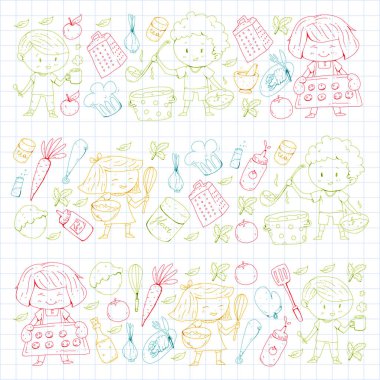 Chilren menüsü, çocuklar kafe, Restoran. Anaokulu ve okul öncesi, okul erkek ve kız. Sağlıklı yiyecek ve içecek. Ekmek, meyve, sebze. Yemek kursuna.