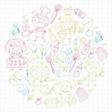 Chilren menüsü, çocuklar kafe, Restoran. Anaokulu ve okul öncesi, okul erkek ve kız. Sağlıklı yiyecek ve içecek. Ekmek, meyve, sebze. Yemek kursuna.