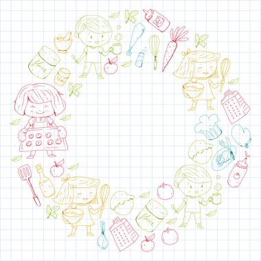 Chilren menüsü, çocuklar kafe, Restoran. Anaokulu ve okul öncesi, okul erkek ve kız. Sağlıklı yiyecek ve içecek. Ekmek, meyve, sebze. Yemek kursuna.