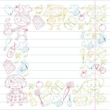 Chilren menüsü, çocuklar kafe, Restoran. Anaokulu ve okul öncesi, okul erkek ve kız. Sağlıklı yiyecek ve içecek. Ekmek, meyve, sebze. Yemek kursuna.