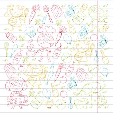 Chilren menüsü, çocuklar kafe, Restoran. Anaokulu ve okul öncesi, okul erkek ve kız. Sağlıklı yiyecek ve içecek. Ekmek, meyve, sebze. Yemek kursuna.