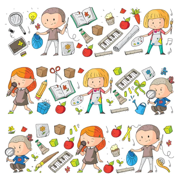 Kinder. Schule und Kindergarten. Kreativität und Bildung. Musik. Erkundung. Wissenschaft. Fantasie. Spielen und studieren. Kochen. Singen. Lesen. verschiedene Hobbys und Lektionen. Vektorillustration — Stockvektor