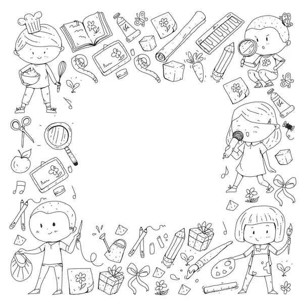 Çocuklar. Okulu ve anaokulu. Yaratıcılık ve eğitim. Müzik. Keşif. Bilim. Hayal gücü. Oyun ve eğitim. Yemek. Şarkı söyleme. Okuma. Farklı hobi ve dersler. Vektör çizim