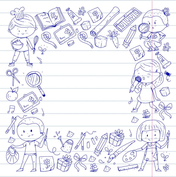 Çocuklar. Okulu ve anaokulu. Yaratıcılık ve eğitim. Müzik. Keşif. Bilim. Hayal gücü. Oyun ve eğitim. Yemek. Şarkı söyleme. Okuma. Farklı hobi ve dersler. Vektör çizim