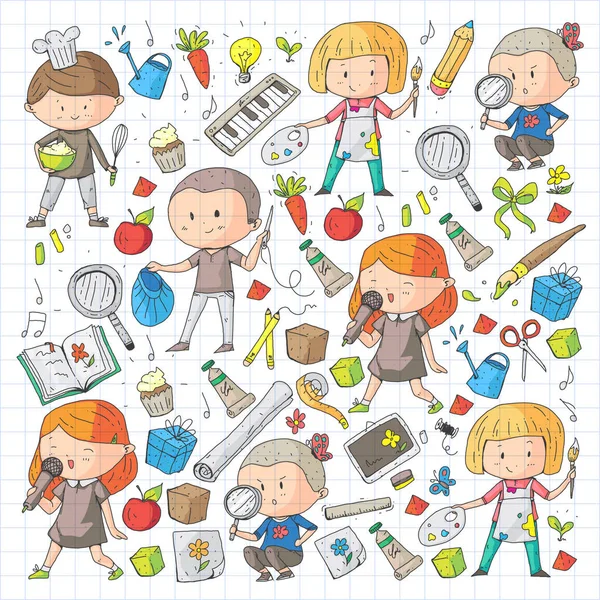 Niños. Escuela y jardín de infantes. Creatividad y educación. Música. Exploración. Ciencia. Imaginación. Juega y estudia. Cocinar. Cantando. Lectura. Diferentes aficiones y lecciones. Ilustración vectorial — Vector de stock