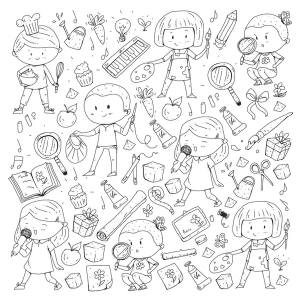 Çocuklar. Okulu ve anaokulu. Yaratıcılık ve eğitim. Müzik. Keşif. Bilim. Hayal gücü. Oyun ve eğitim. Yemek. Şarkı söyleme. Okuma. Farklı hobi ve dersler. Vektör çizim