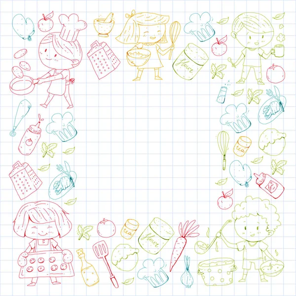 Chilren menüsü, çocuklar kafe, Restoran. Anaokulu ve okul öncesi, okul erkek ve kız. Sağlıklı yiyecek ve içecek. Ekmek, meyve, sebze. Yemek kursuna.