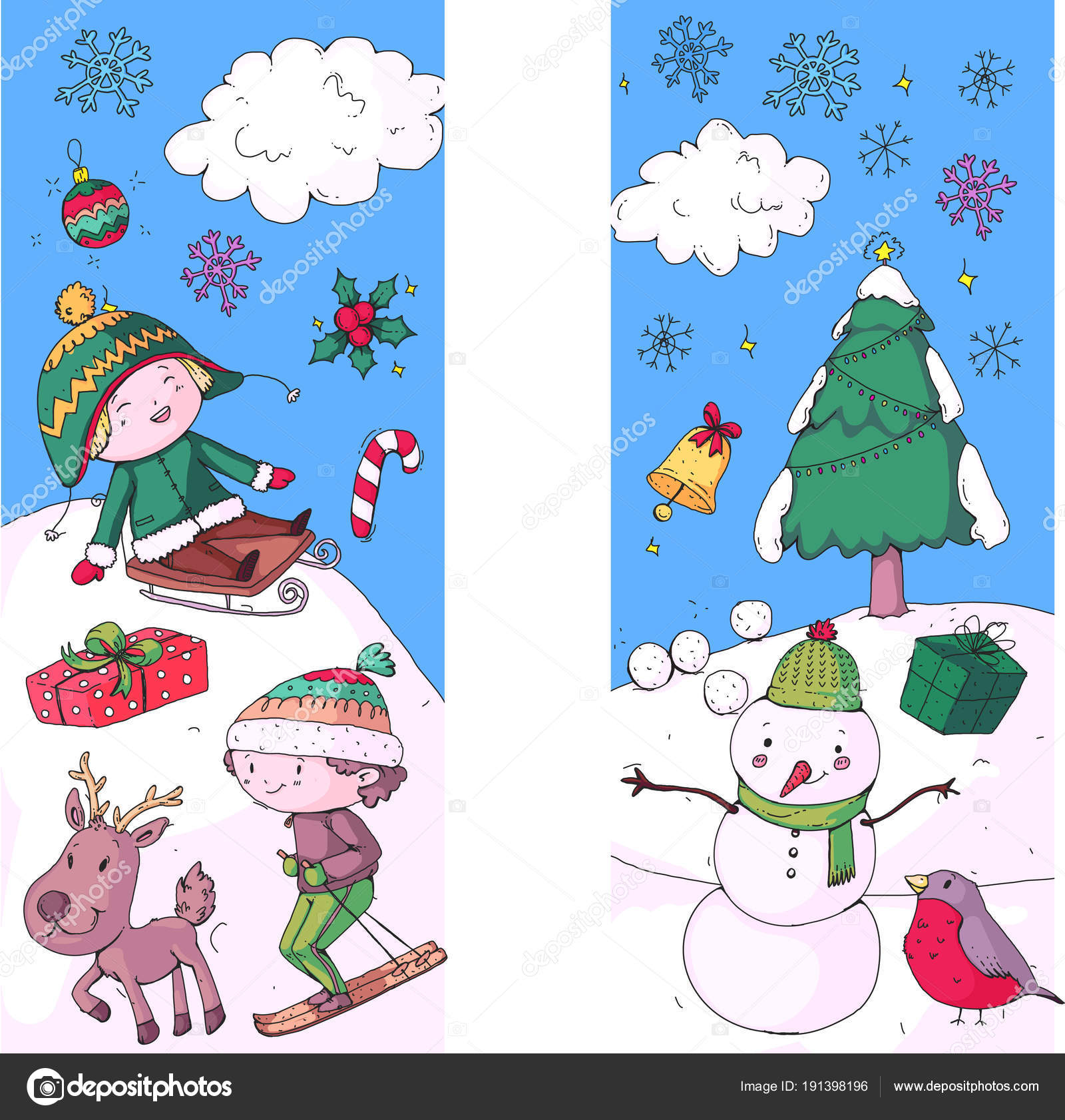 Merry Christmas Celebration With Children Kids Drawing Illustration With Ski Gifts Santa Claus Snowman Boys And Girls Play And Have Fun School And Kindergarten Preschool Children Stock Vector C Helen F 191398196