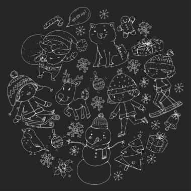 Neşeli Noel Kutlamaları çocuklu. Resimde kayağı, hediyeler, Noel Baba, kardan adam ile çizim çocuklar. Erkek ve kız oynamak ve eğlenmek. Okulu ve anaokulu, okul öncesi çocuklar