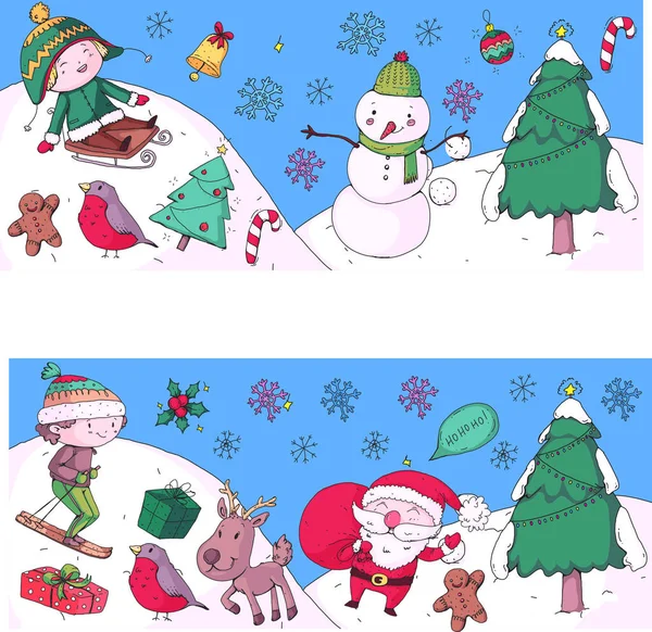 与孩子们一起庆祝圣诞快乐。孩子们用滑雪、礼物、圣诞老人、雪人画插图。男孩和女孩玩, 并有乐趣。学校和幼稚园, 学龄前儿童 — 图库矢量图片