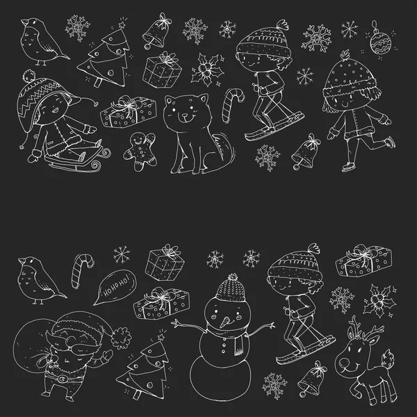 Feliz celebração de Natal com as crianças. Crianças desenho ilustração com esqui, presentes, Papai Noel, boneco de neve. Meninos e meninas brincam e se divertem. Escola e jardim de infância, crianças pré-escolares —  Vetores de Stock