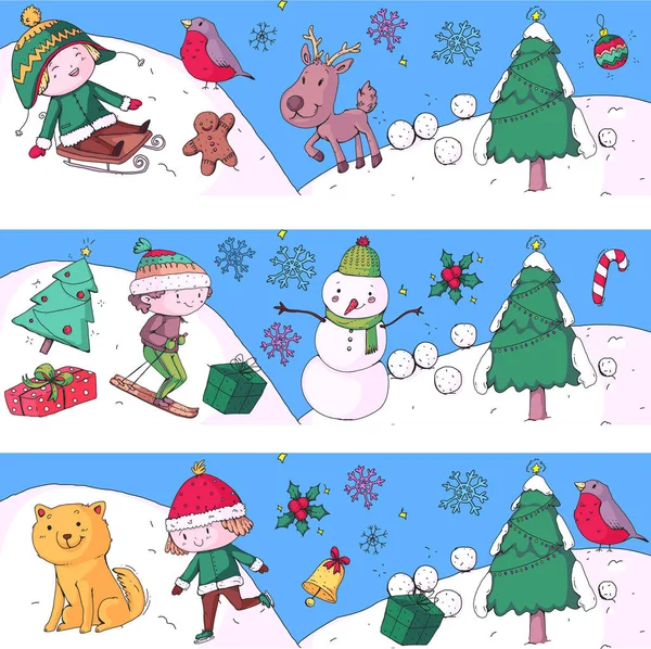 Buon Natale con i bambini. Illustrazione disegno bambini con sci, regali, Babbo Natale, pupazzo di neve. Ragazzi e ragazze giocano e si divertono. Scuola e asilo, bambini in età prescolare — Vettoriale Stock