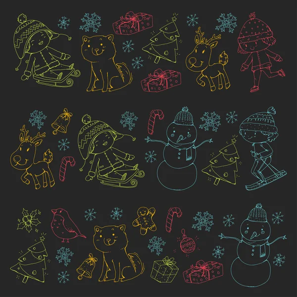Joyeux Noël avec les enfants. Illustration dessin pour enfants avec ski, cadeaux, Père Noël, bonhomme de neige. Garçons et filles jouent et s'amusent. École et jardin d'enfants, enfants d'âge préscolaire — Image vectorielle
