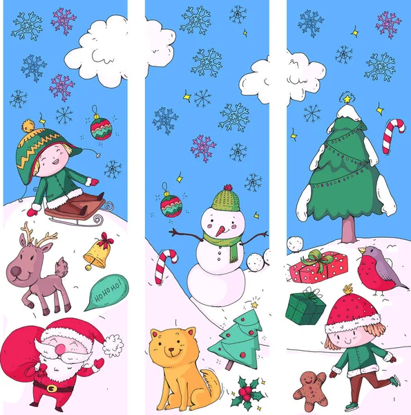 Feliz celebração de Natal com as crianças. Crianças desenho ilustração com esqui, presentes, Papai Noel, boneco de neve. Meninos e meninas brincam e se divertem. Escola e jardim de infância, crianças pré-escolares —  Vetores de Stock