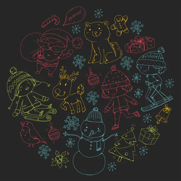 Fröhliche Weihnachtsfeier mit Kindern. Kinder zeichnen Illustration mit Ski, Geschenke, Weihnachtsmann, Schneemann. Jungen und Mädchen spielen und haben Spaß. Schule und Kindergarten, Vorschulkinder — Stockvektor