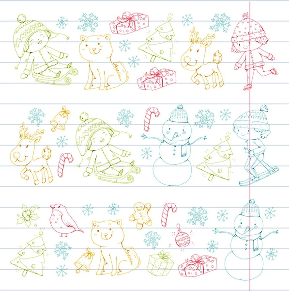 Merry Christmas celebration with children. Kids drawing illustration with ski, gifts, Santa Claus, snowman. Boys and girls play and have fun. School and kindergarten, preschool children — Stock Vector